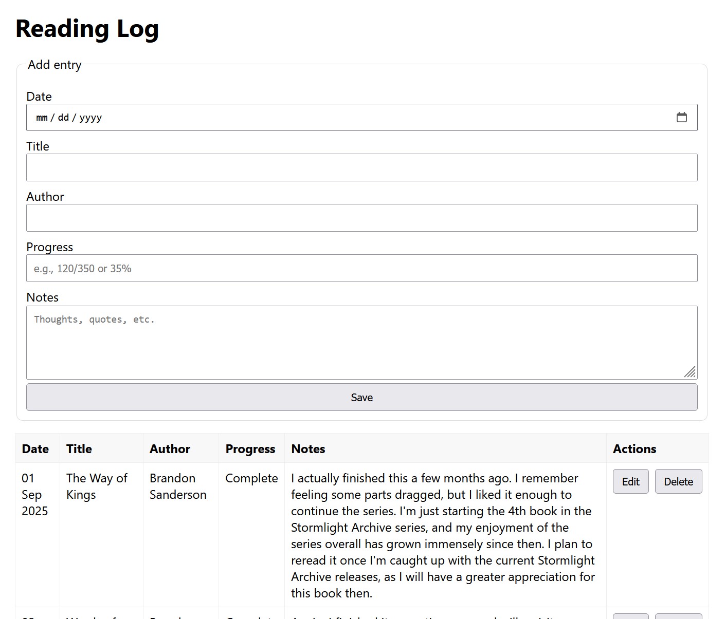 Screenshot of log entry form